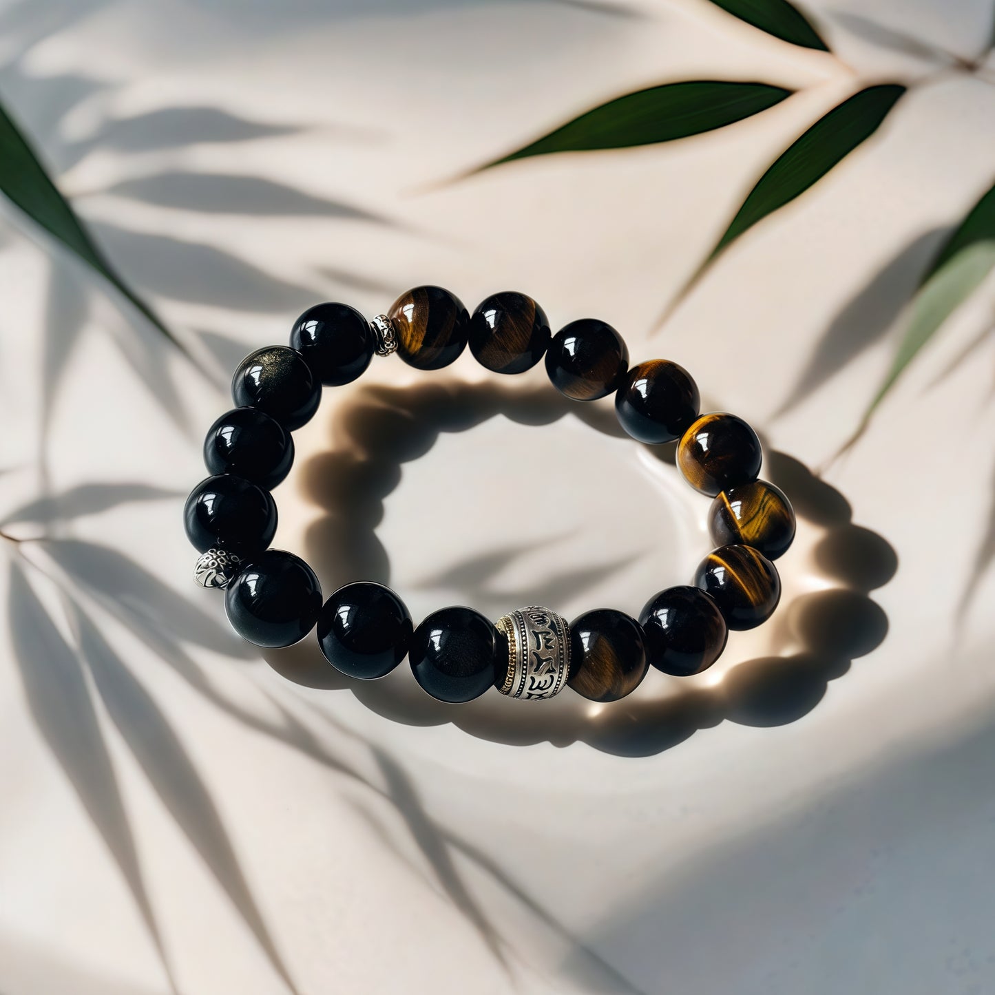 Black Obsidian × Tiger’s Eye × Six-Syllable Mantra Bracelet