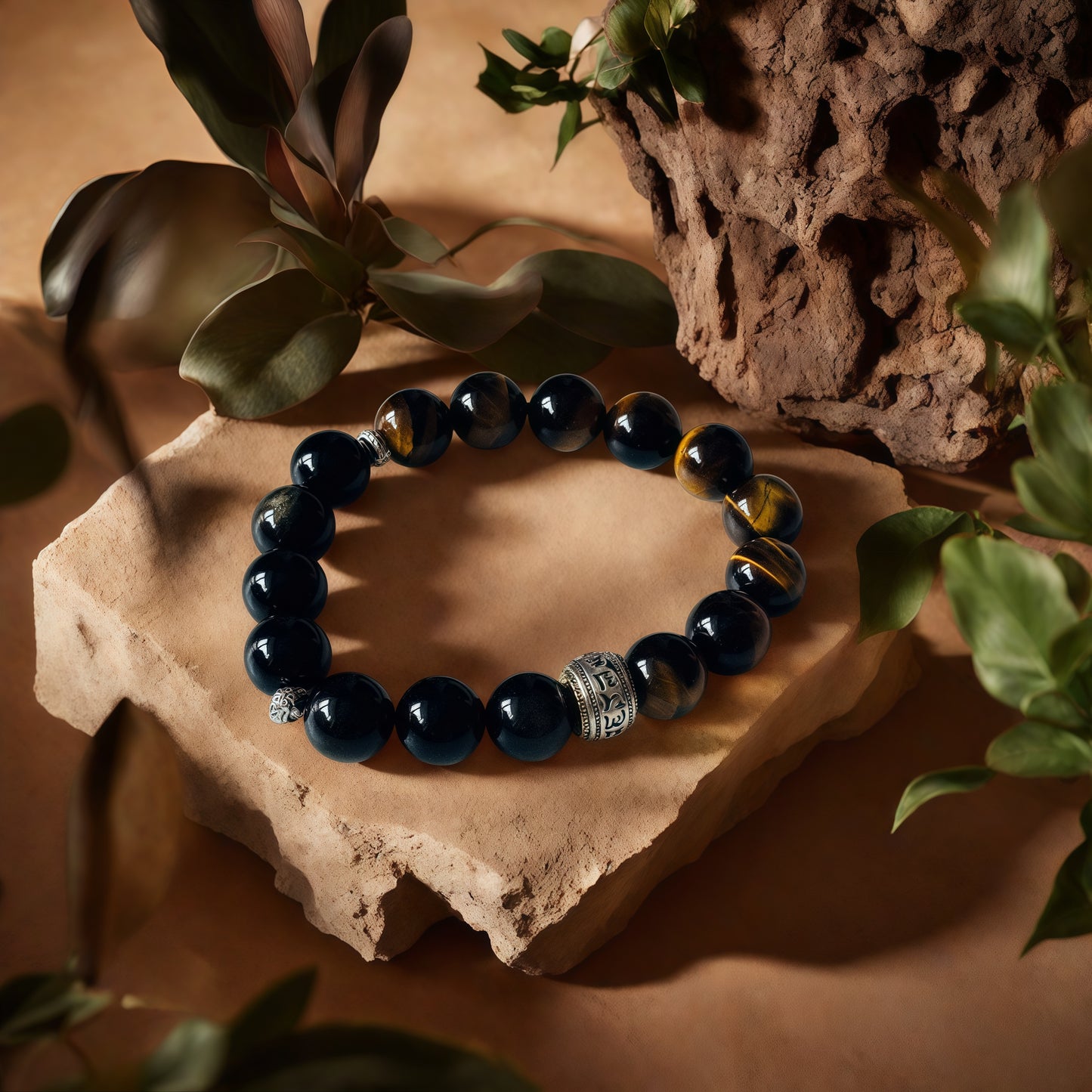 Black Obsidian × Tiger’s Eye × Six-Syllable Mantra Bracelet