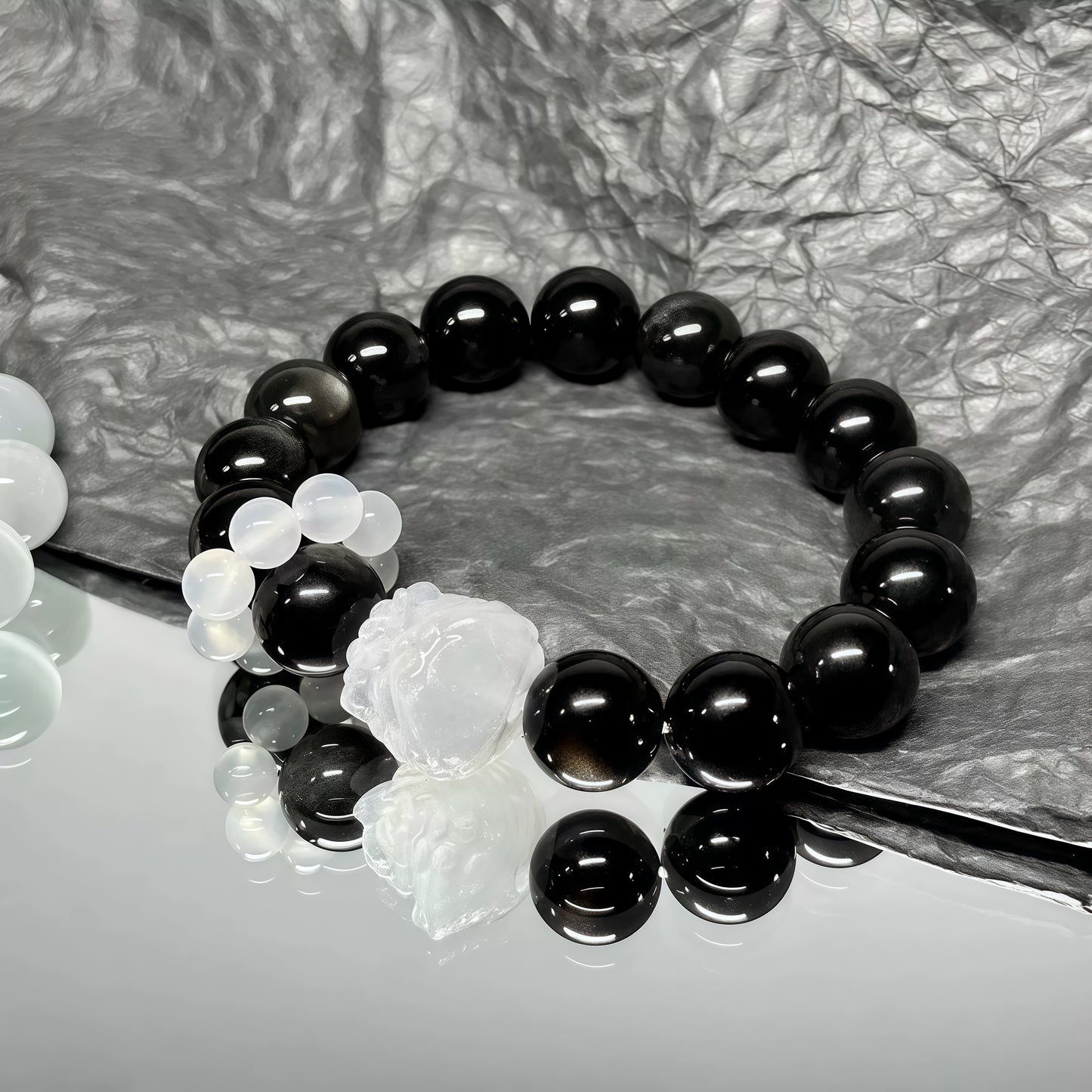 Black Obsidian × White Agate Awakened Lion Bracelet