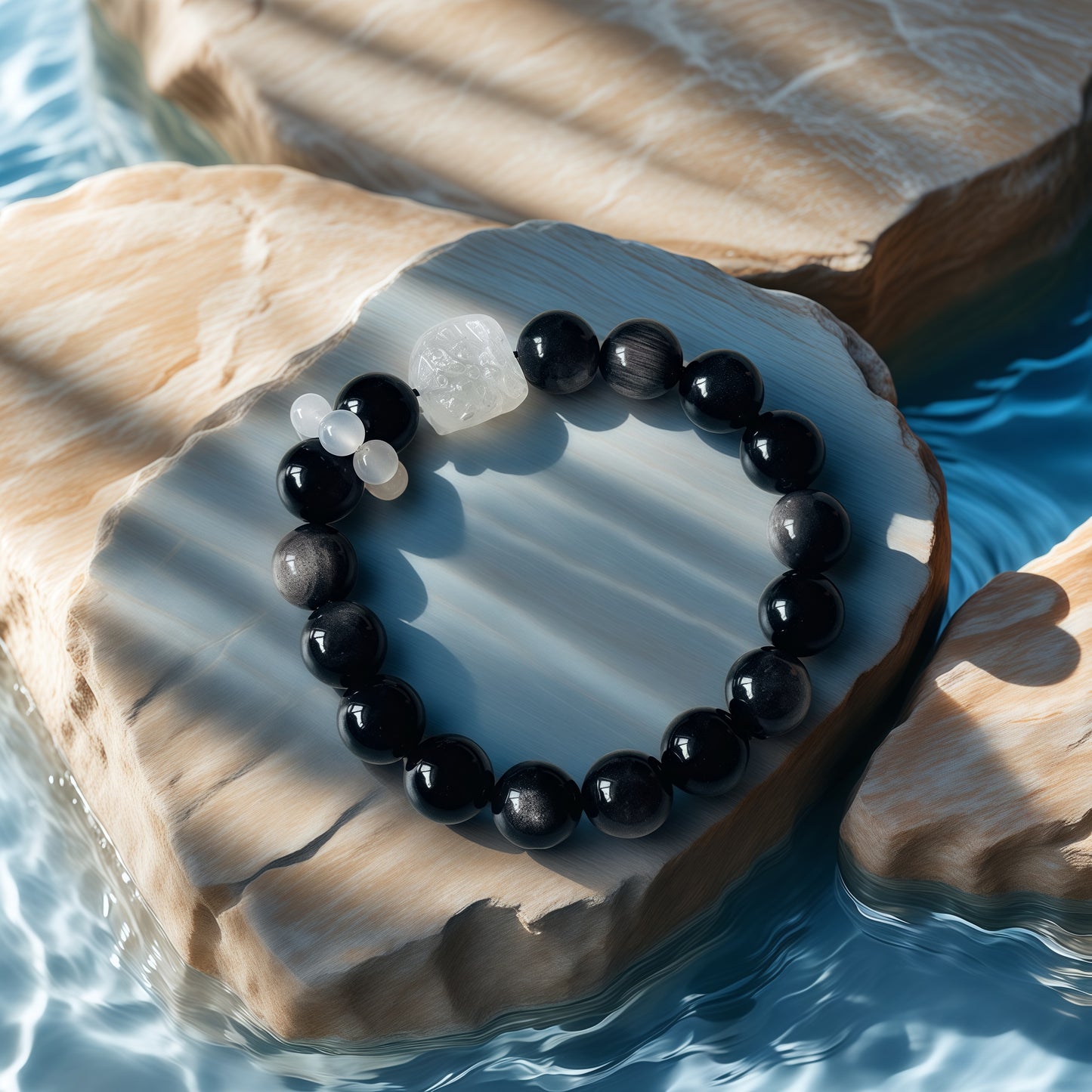 Black Obsidian × White Agate Awakened Lion Bracelet