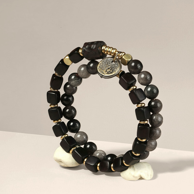 Ebony Wood × Silver Sheen Obsidian Bracelet