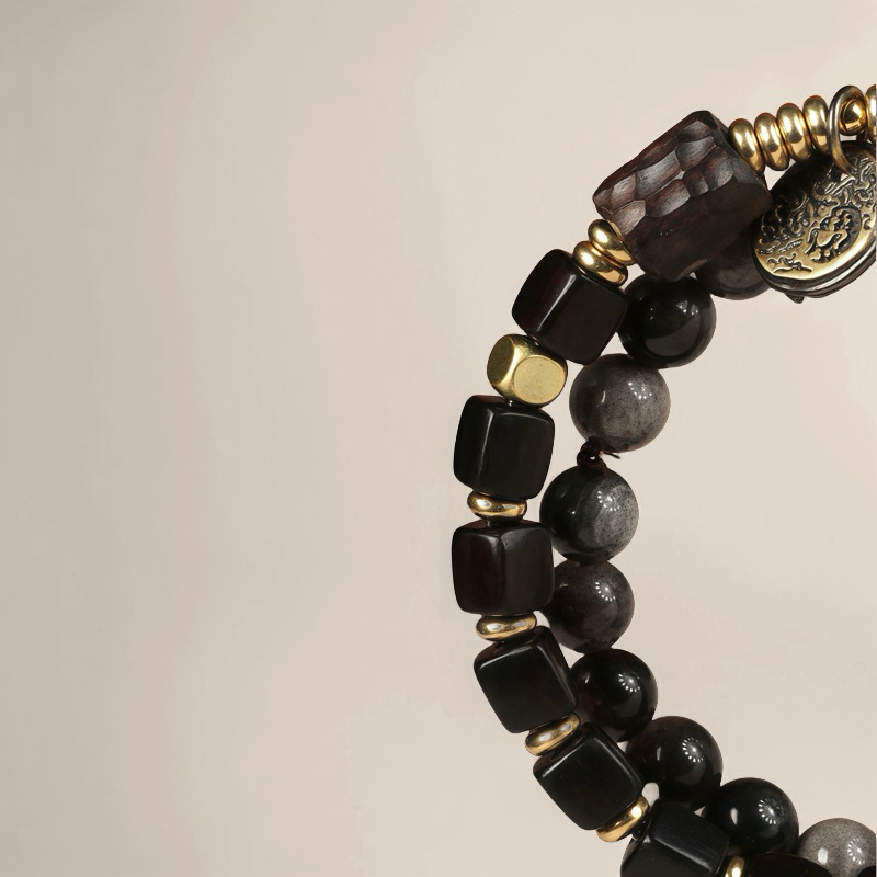Ebony Wood × Silver Sheen Obsidian Bracelet