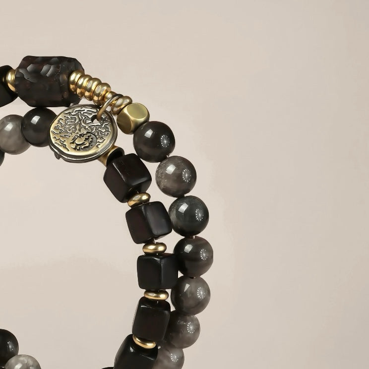 Ebony Wood × Silver Sheen Obsidian Bracelet