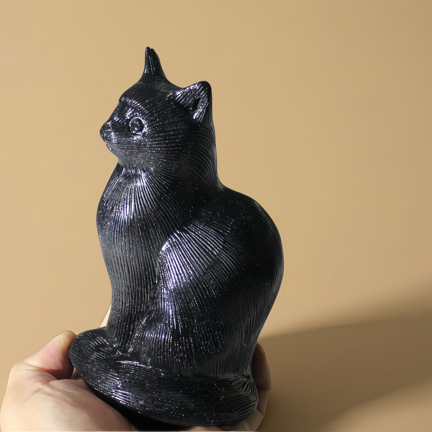 Hand Carved Black Obsidian Cat Figurine