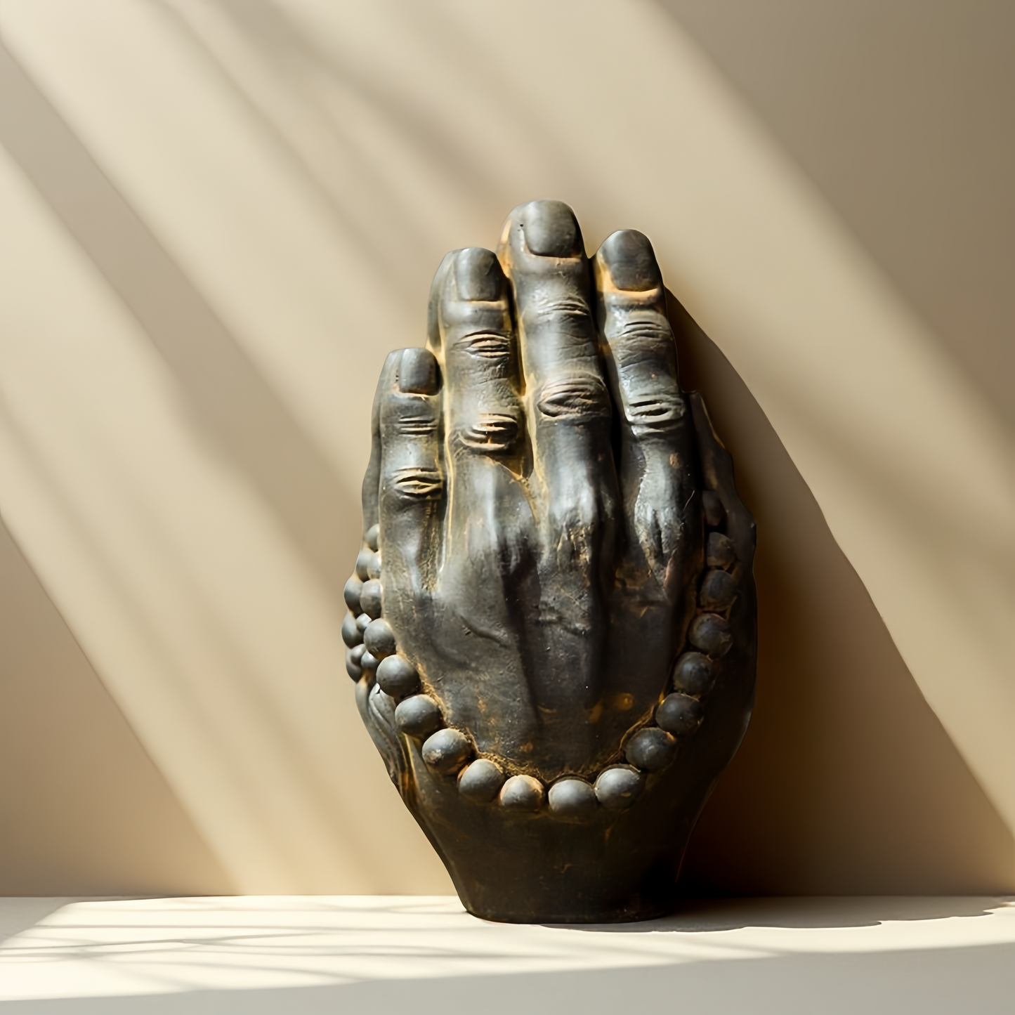 Praying Hands Sculpture with Prayer Beads Decor