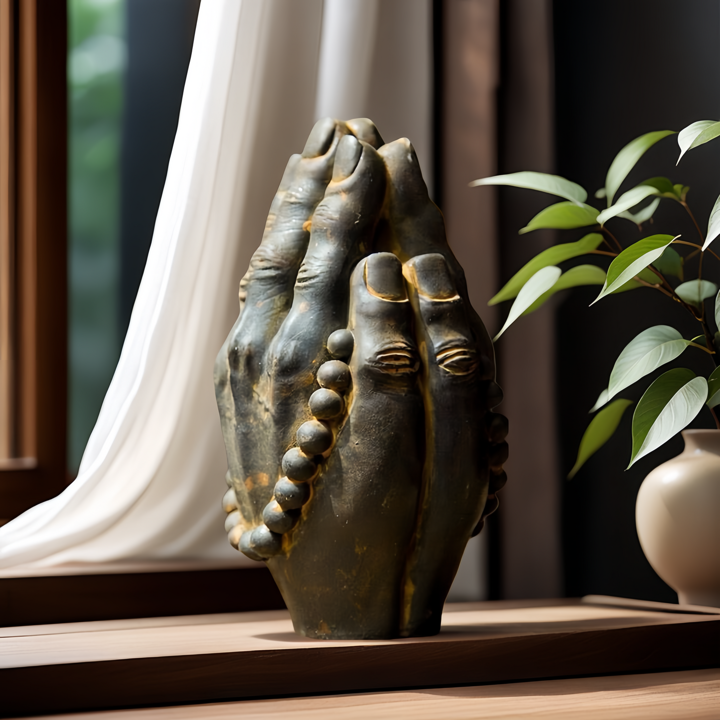 Praying Hands Sculpture with Prayer Beads Decor