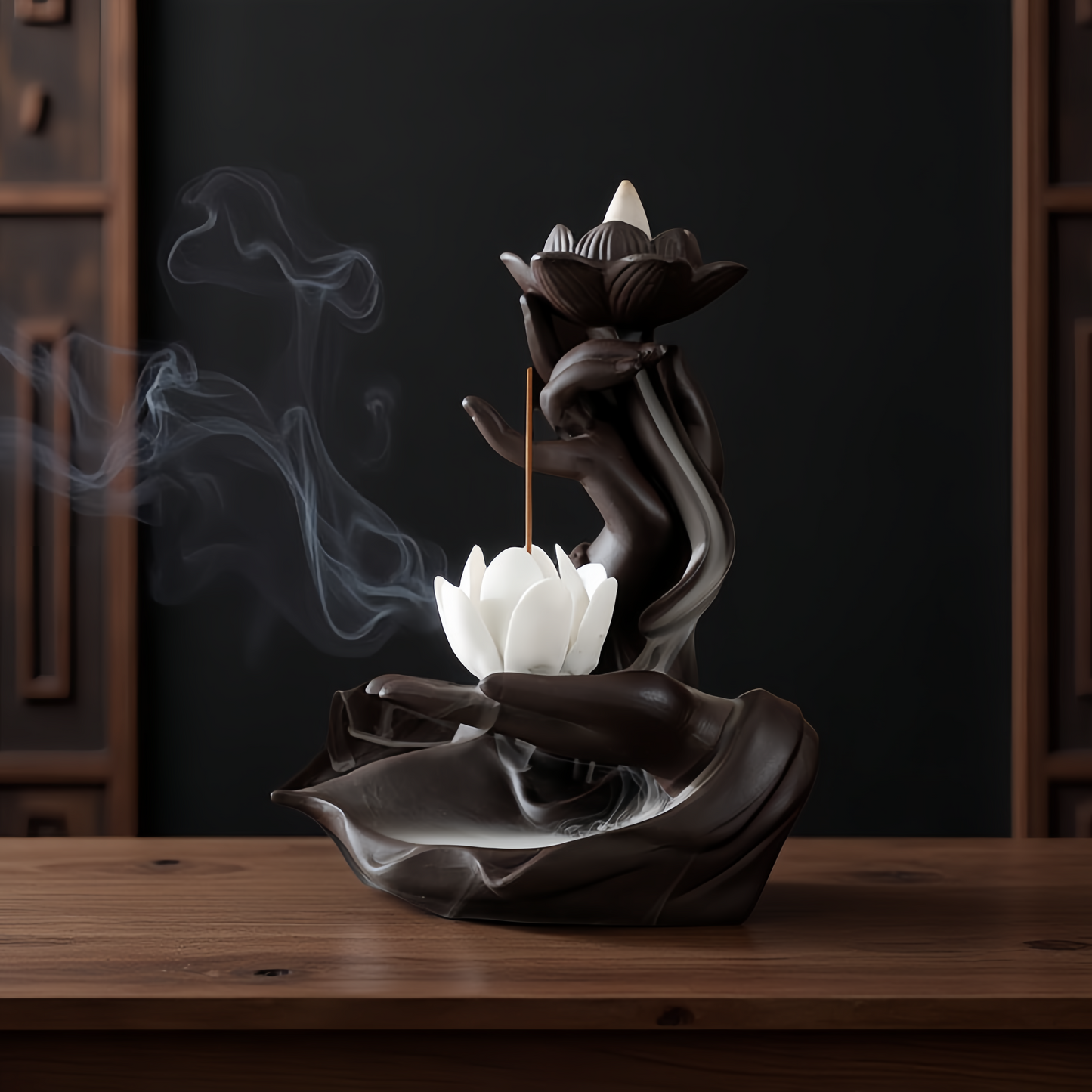 Purple Clay Buddha's Hand with Lotus Backflow Incense Burner