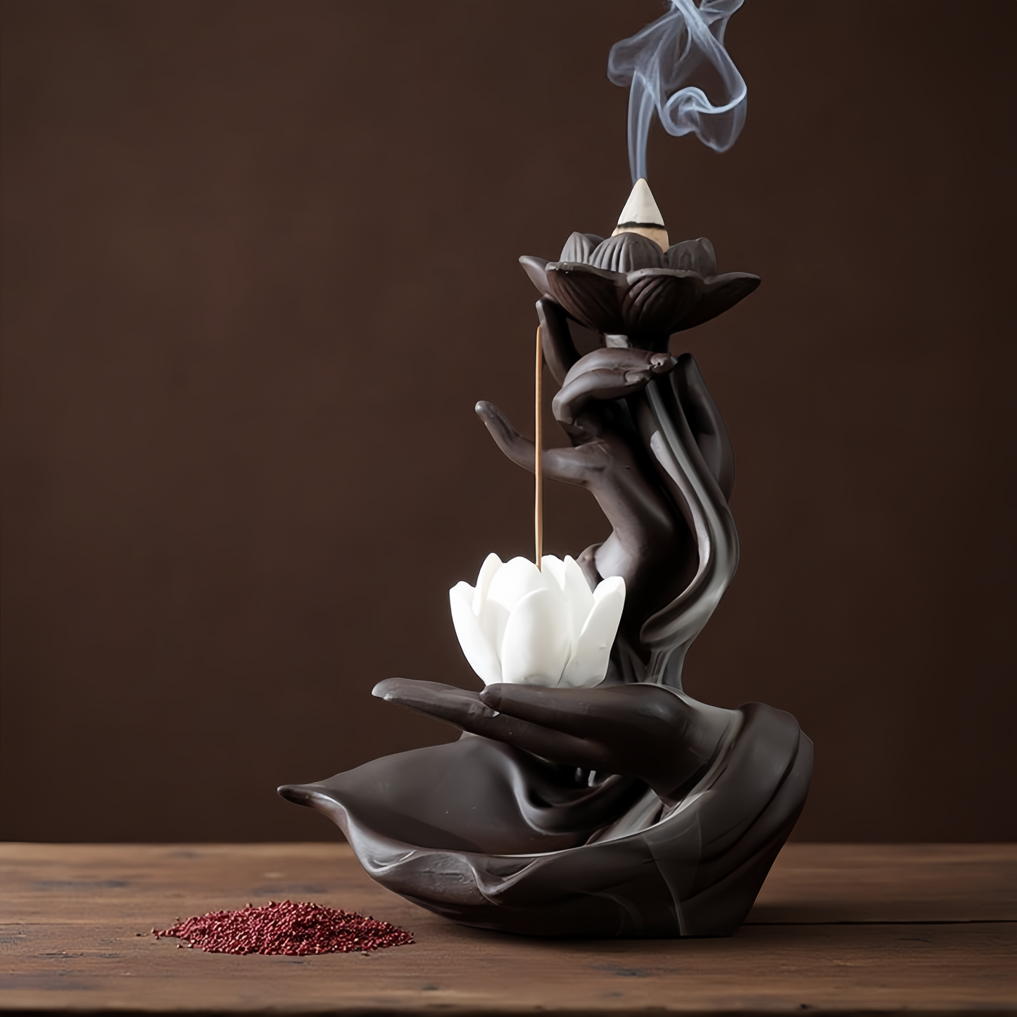 Purple Clay Buddha's Hand with Lotus Backflow Incense Burner