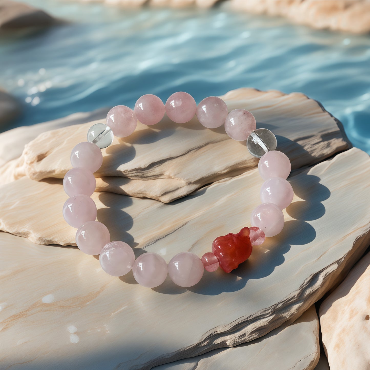 Rose Quartz × Clear Quartz × Natural Agate Nine-tailed Fox Charm Bracelet