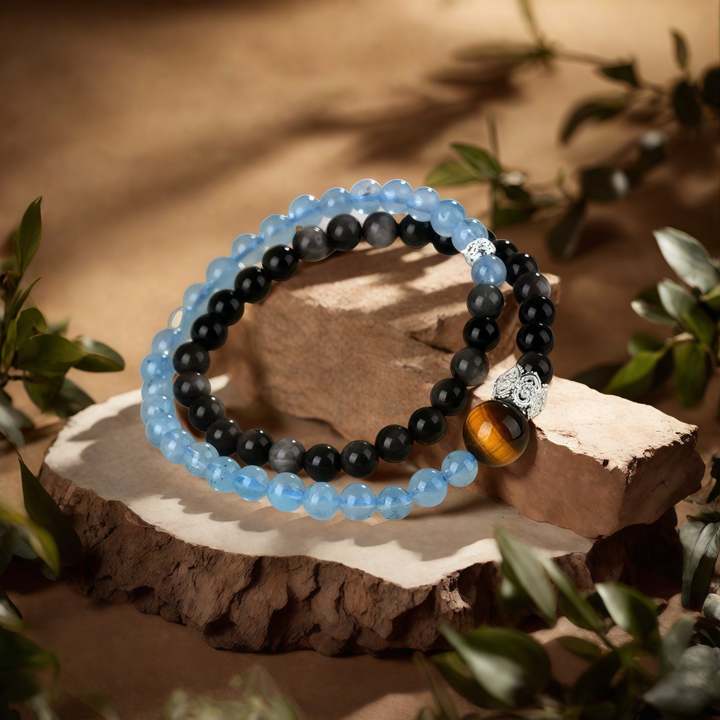 Silver Sheen Obsidian × Aquamarine × Tiger’s Eye Bracelet