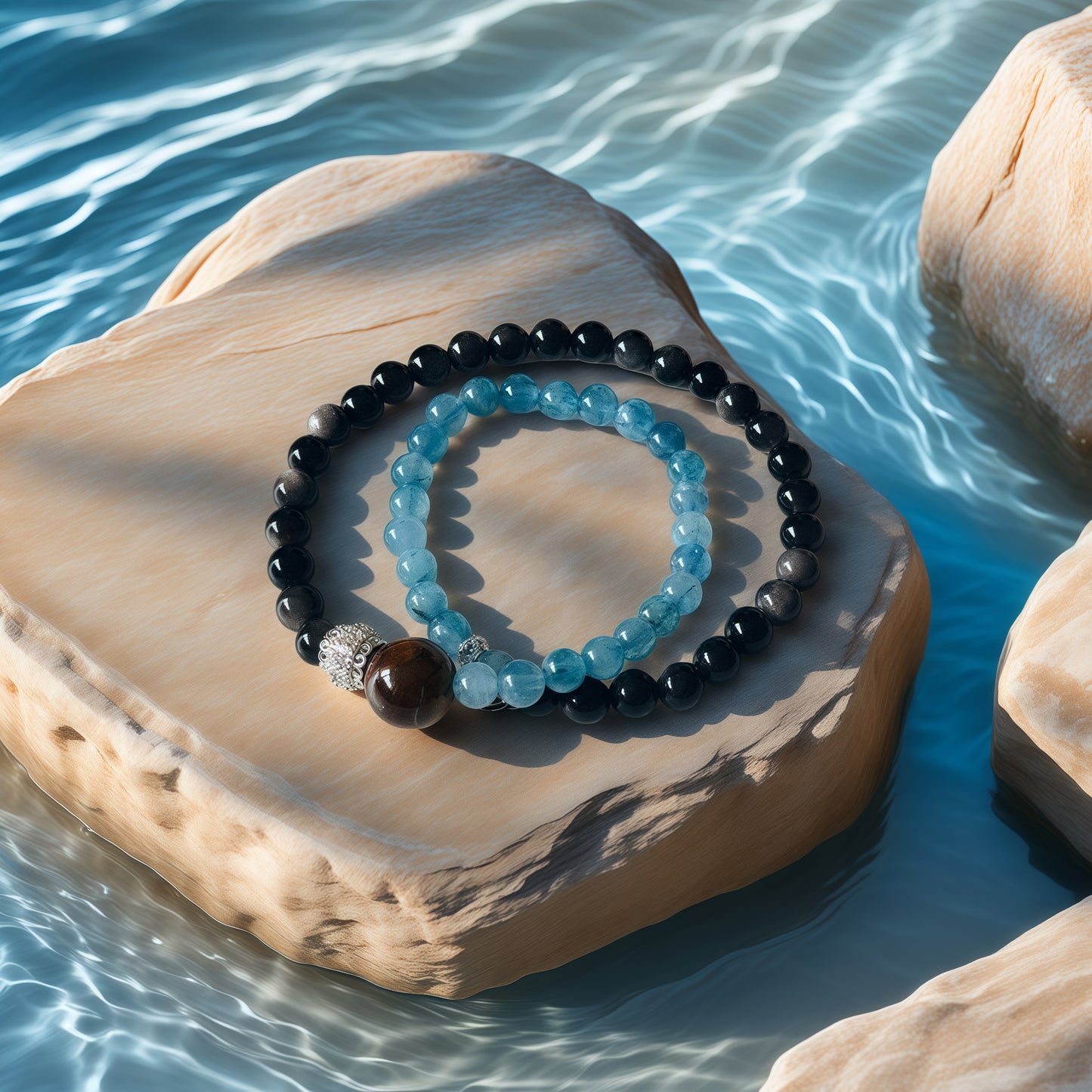 Silver Sheen Obsidian × Aquamarine × Tiger’s Eye Bracelet