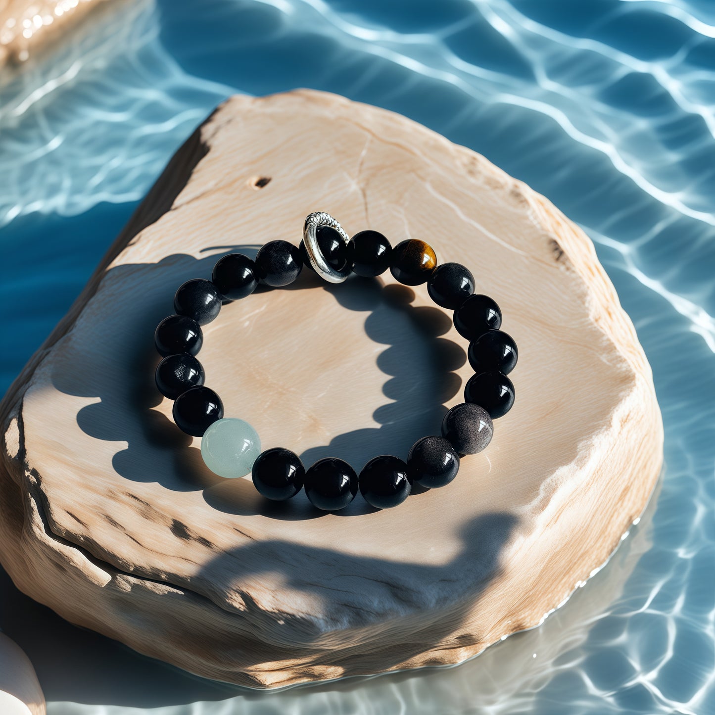 Silver Sheen Obsidian × Aquamarine × Tiger’s Eye Bracelet