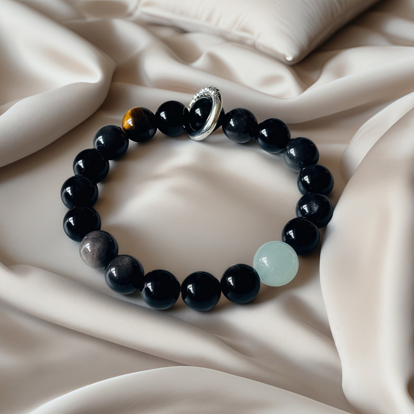 Silver Sheen Obsidian × Aquamarine × Tiger’s Eye Bracelet