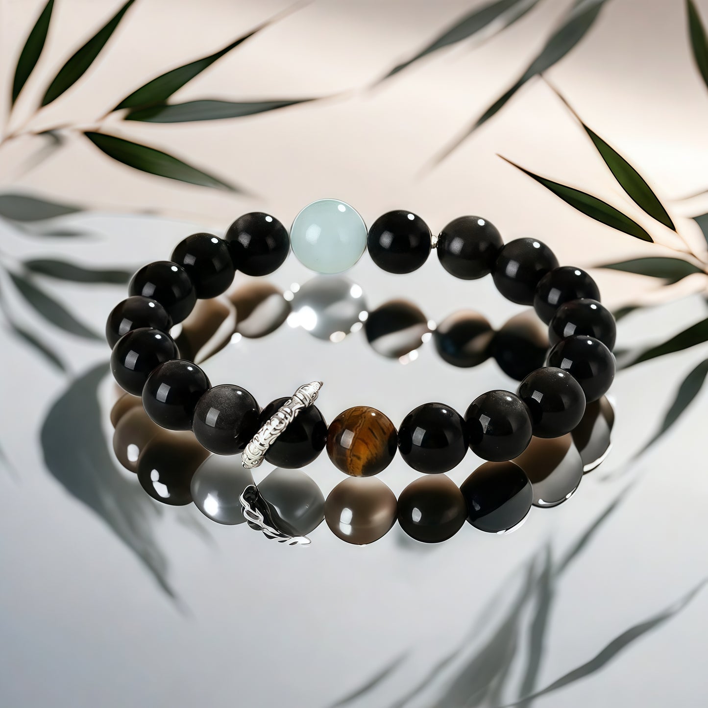 Silver Sheen Obsidian × Aquamarine × Tiger’s Eye Bracelet