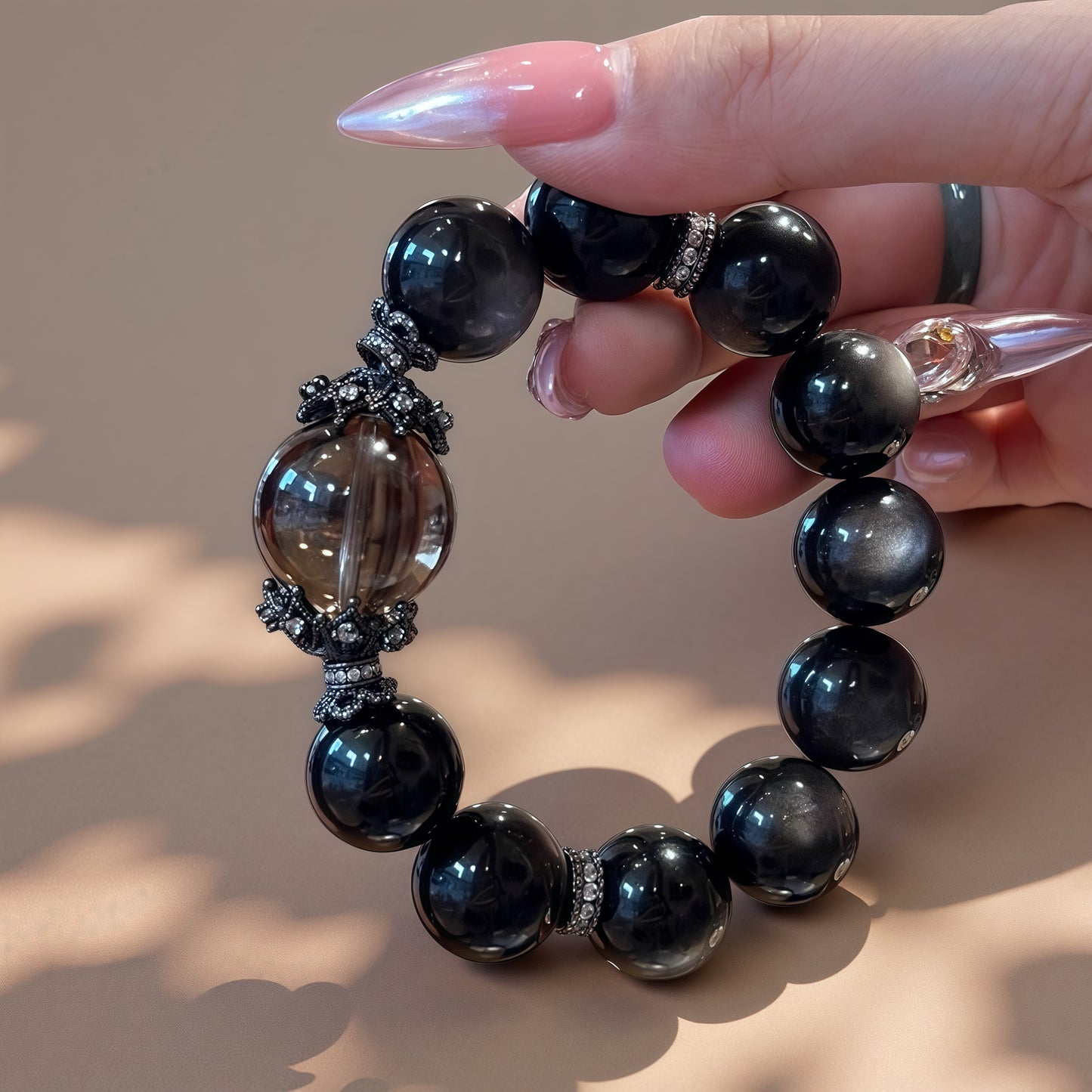 Silver Sheen Obsidian × Smoky Quartz Bracelet