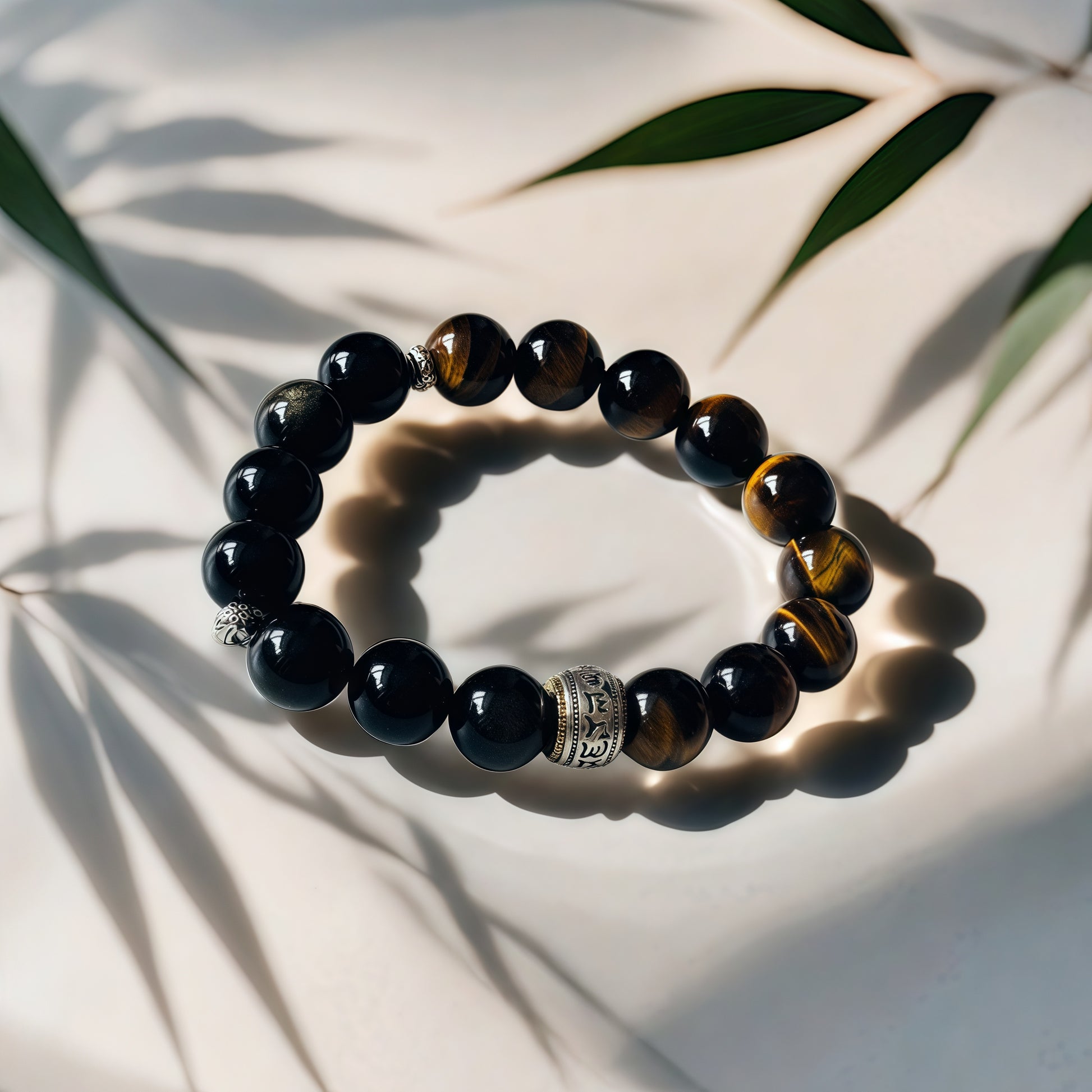 Black Obsidian × Tiger’s Eye × Six-Syllable Mantra Bracelet