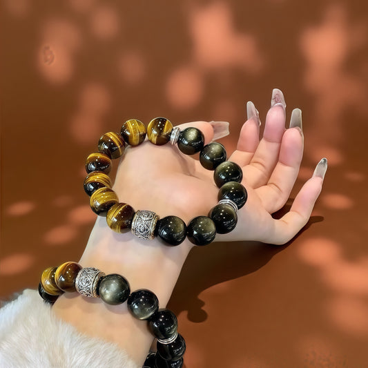 Black Obsidian × Tiger’s Eye × Six-Syllable Mantra Bracelet