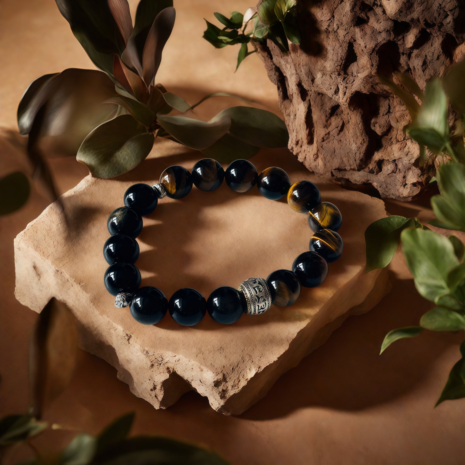 Black Obsidian × Tiger’s Eye × Six-Syllable Mantra Bracelet