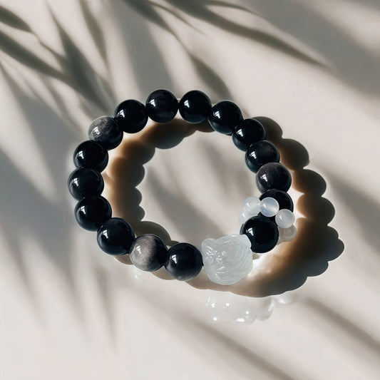Black Obsidian × White Agate Awakened Lion Bracelet