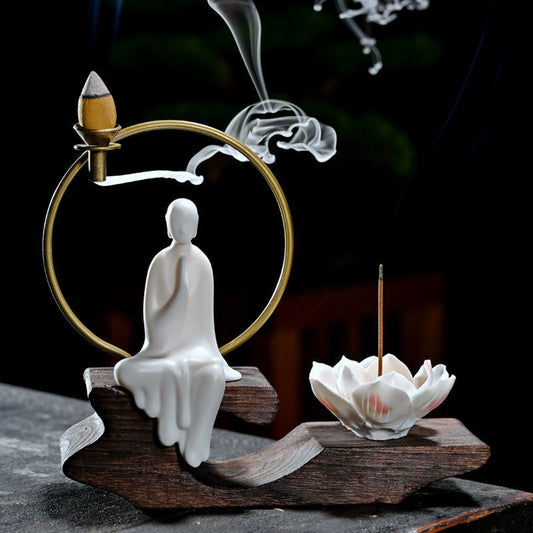 Buddha Stones Porcelain Lotus Healing Incense Burner