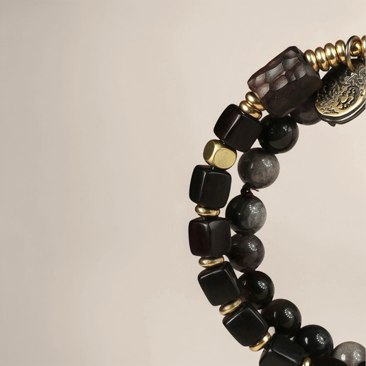Ebony Wood × Silver Sheen Obsidian Bracelet