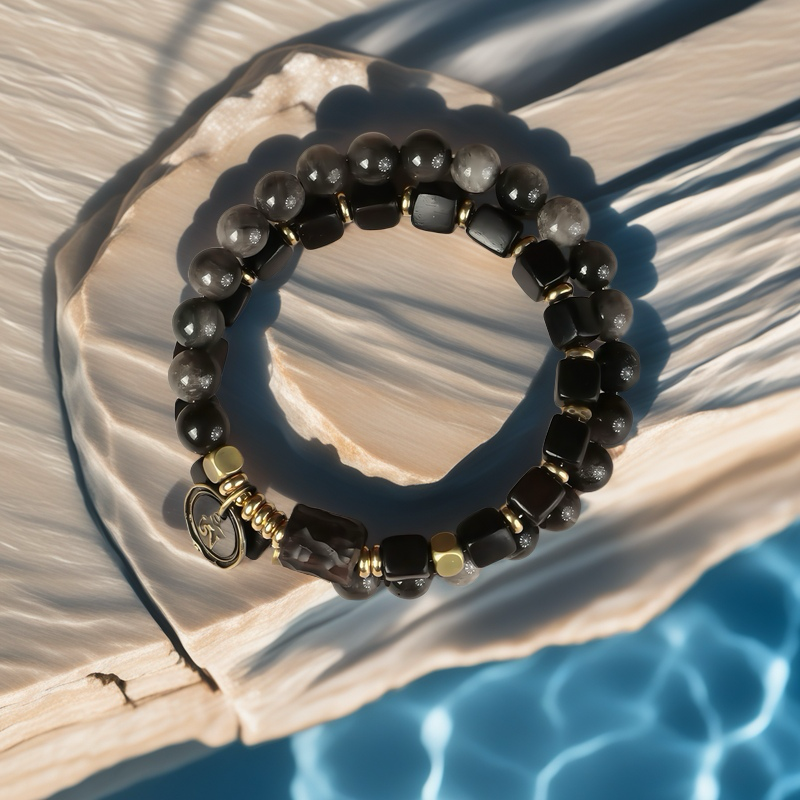 Ebony Wood × Silver Sheen Obsidian Bracelet