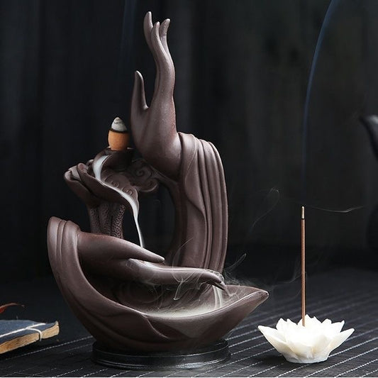 Purple Clay Buddha's Hand with Lotus Backflow Incense Burner