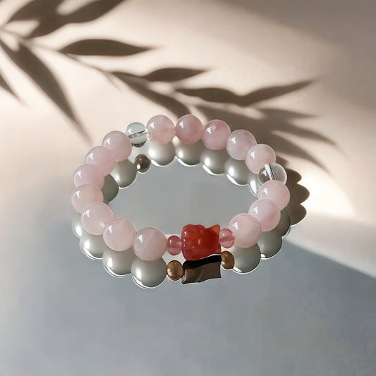 Rose Quartz × Clear Quartz × Natural Agate Nine-tailed Fox Charm Bracelet