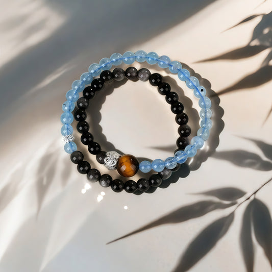 Silver Sheen Obsidian × Aquamarine × Tiger’s Eye Bracelet