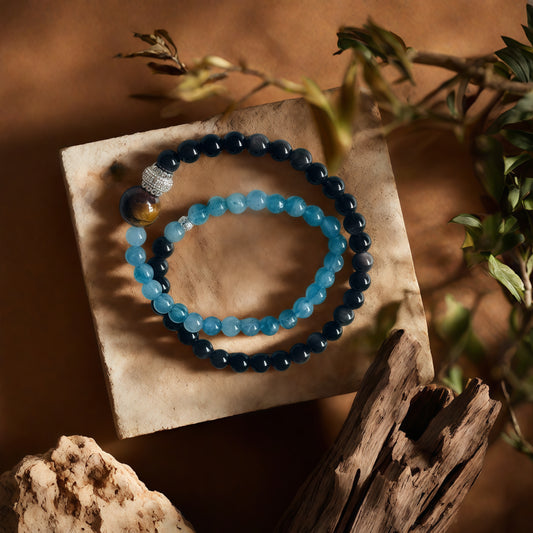 Silver Sheen Obsidian × Aquamarine × Tiger’s Eye Bracelet
