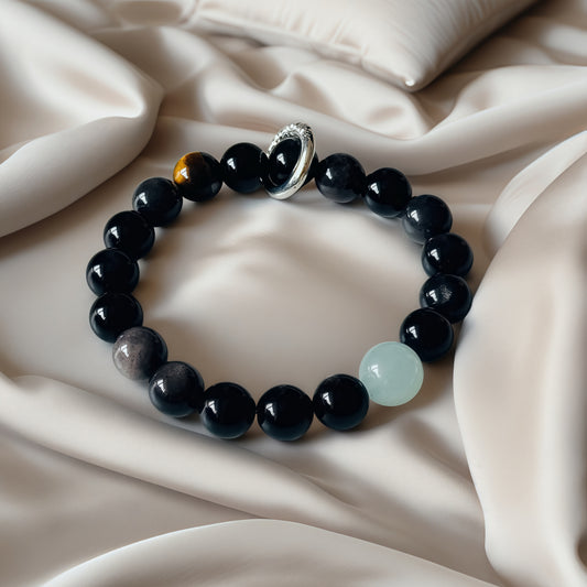 Silver Sheen Obsidian × Aquamarine × Tiger’s Eye Bracelet