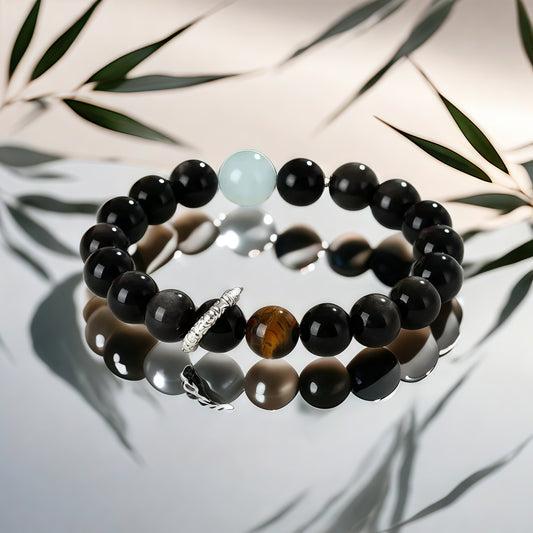 Silver Sheen Obsidian × Aquamarine × Tiger’s Eye Bracelet