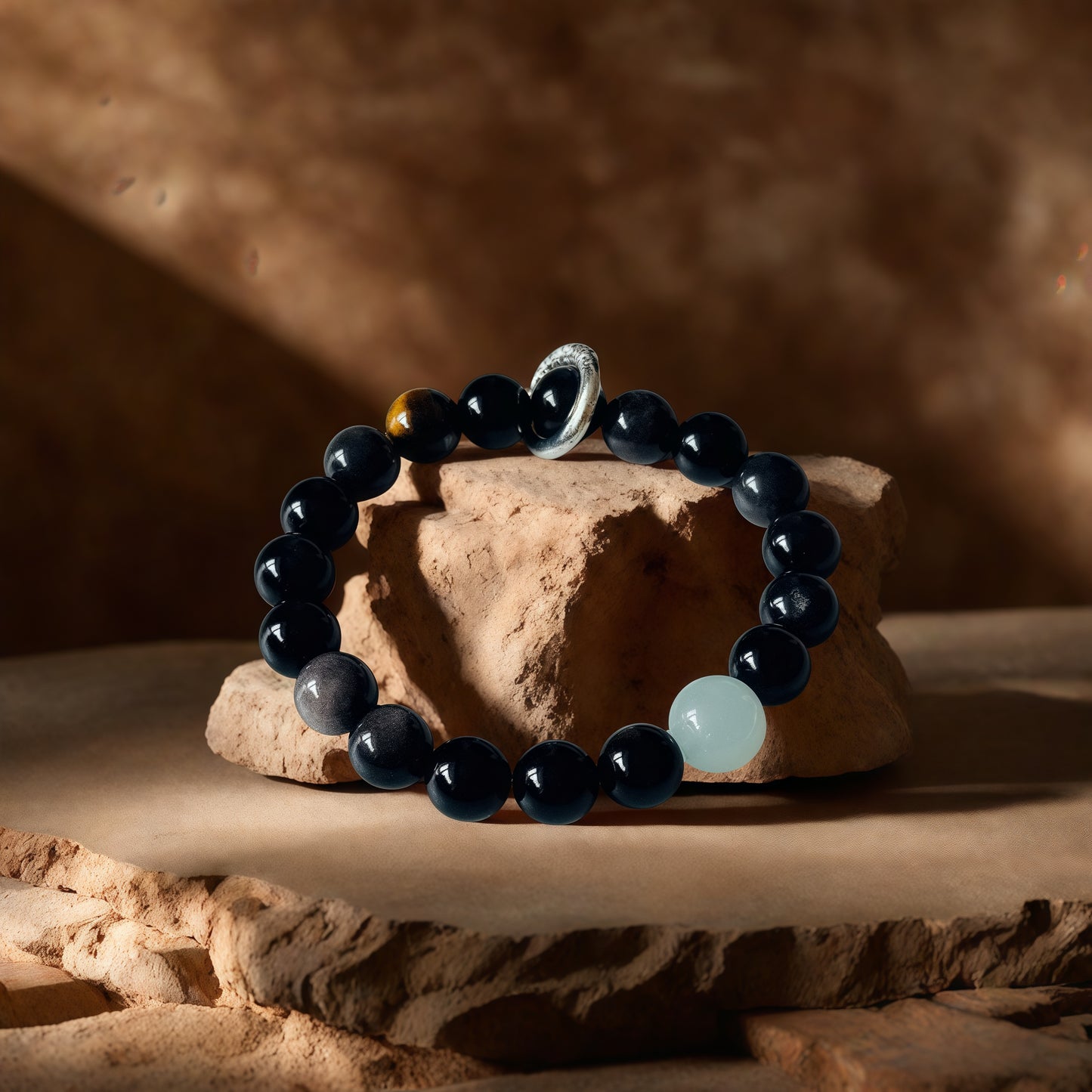 Silver Sheen Obsidian × Aquamarine × Tiger’s Eye Bracelet