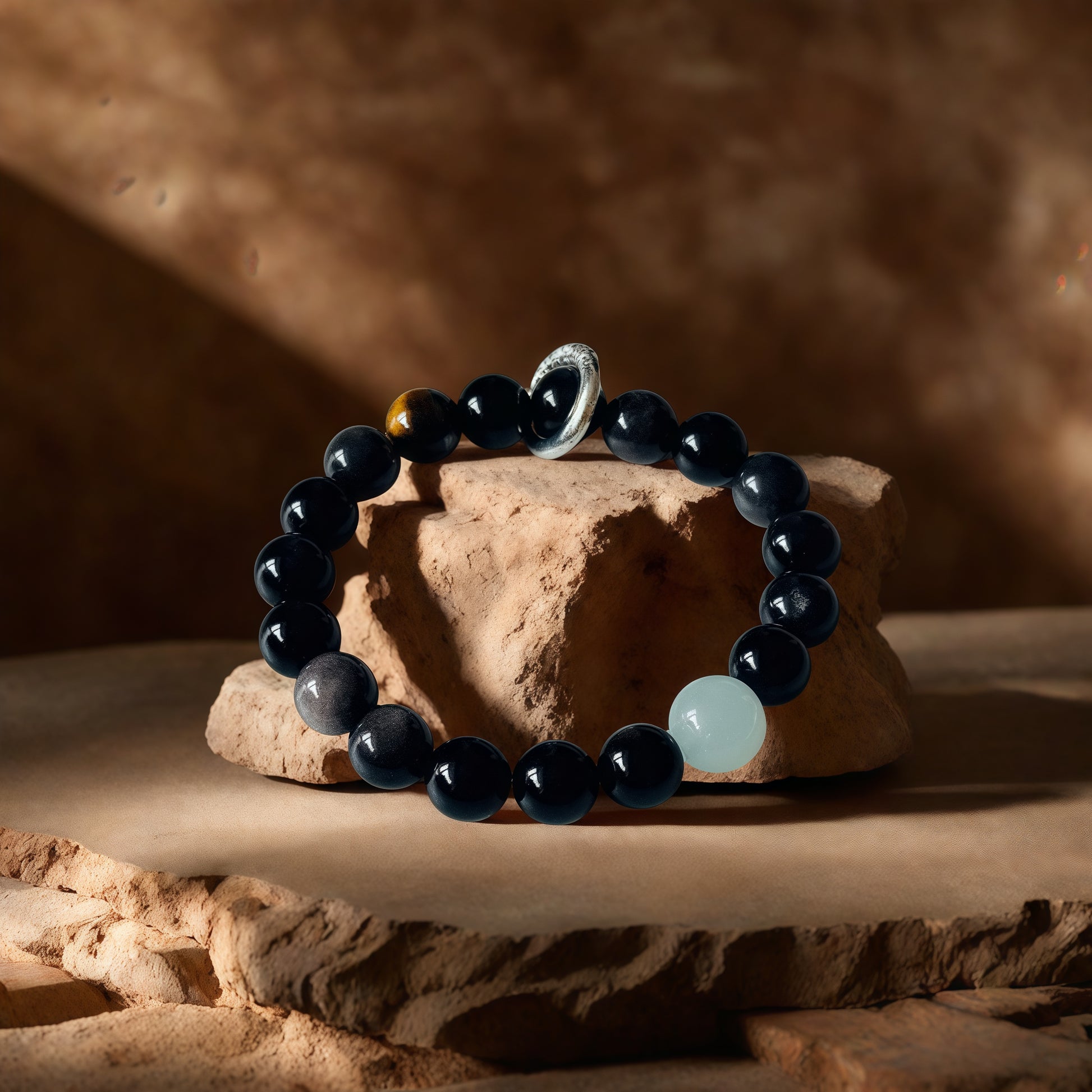Silver Sheen Obsidian × Aquamarine × Tiger’s Eye Bracelet