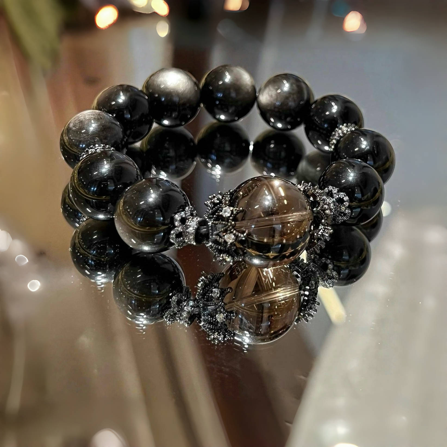Silver Sheen Obsidian × Smoky Quartz Bracelet