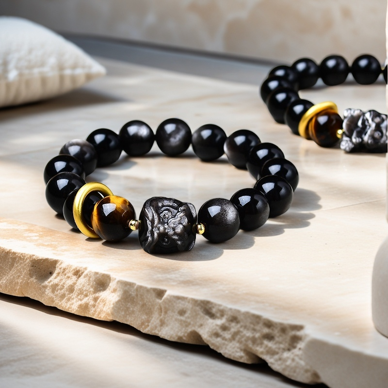 Silver Sheen Obsidian × Tiger’s Eye × Pi Xiu Energy Bracelet - Protection × Power