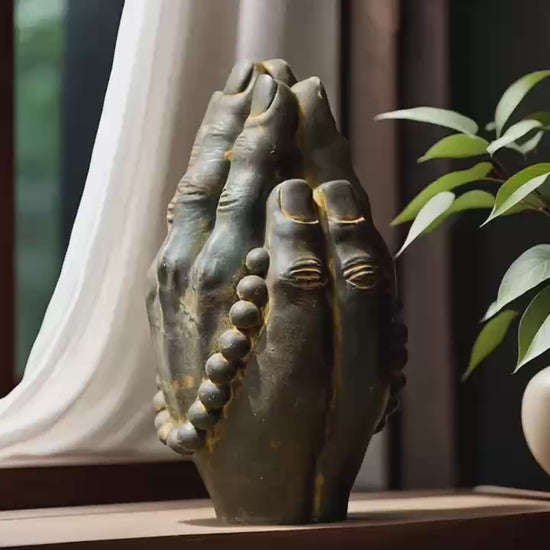 Praying Hands Sculpture with Prayer Beads Decor